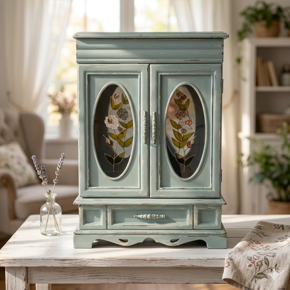 Vintage Floral Wood Jewelry Armoire Tabletop Chest Mirror Necklace Carousel Teal